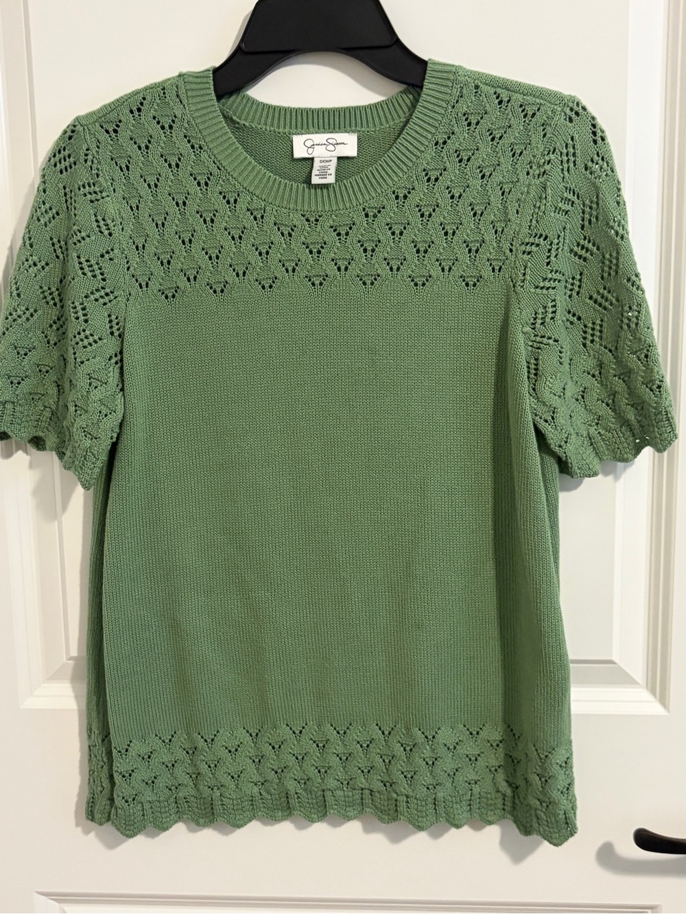 Jessica Simpson Light Green Crochet-Yoke Short Sleeve Knit Top